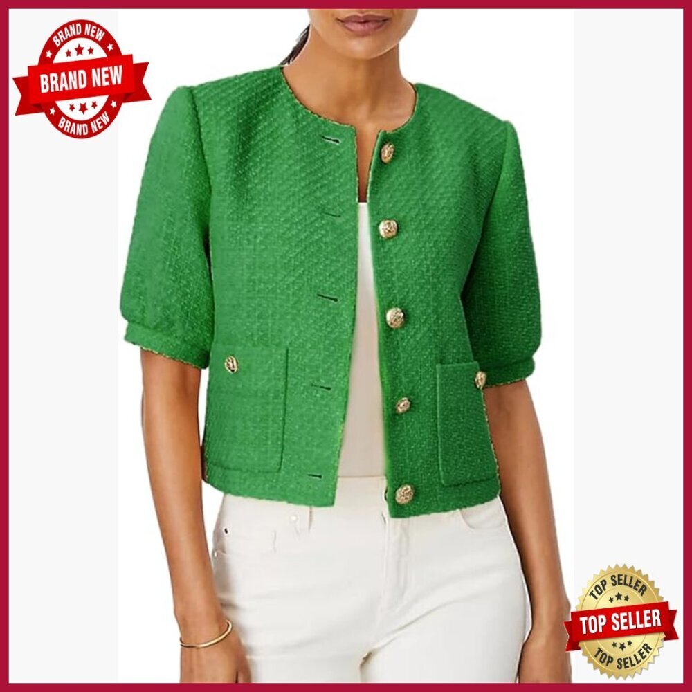 Cropped Tweed Blazer with Puff Sleeves for Office Work Summer